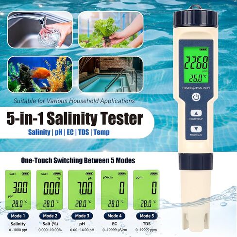 Pool Salinity Tester & pH Meter,Digital 5-in-1 Water Meter (Salt, pH, Temp, EC and TDS) -High Accuracy, Suitable for Swimming Pools, Hot Tubs, Aquariums,Hydroponics and Drinking Water in Kuwait