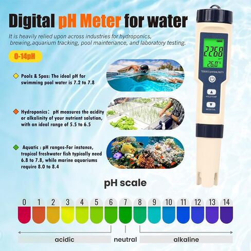 Pool Salinity Tester & pH Meter,Digital 5-in-1 Water Meter (Salt, pH, Temp, EC and TDS) -High Accuracy, Suitable for Swimming Pools, Hot Tubs, Aquariums,Hydroponics and Drinking Water in Kuwait