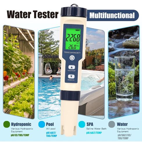 Pool Salinity Tester & pH Meter,Digital 5-in-1 Water Meter (Salt, pH, Temp, EC and TDS) -High Accuracy, Suitable for Swimming Pools, Hot Tubs, Aquariums,Hydroponics and Drinking Water in Kuwait