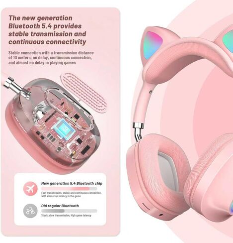 سماعات الرأس اللاسلكية للأطفال مع إضاءة LED أذن Cat ، سماعة رأس قابلة للطي مع الميكروفون ، إلغاء الضوضاء ، Bluetooth 5.4 ، سماعات Kids Bluetooth لجهاز iPad/School/Travel/Travel (أرجواني) in Kuwait
