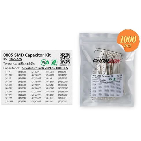 Chanzon 1000 قطعة 0805 SMD مكثف عدة 1pF-10 فائق التوهج / 50 قيم مختلفة MLCC 10-50 فولت لفصل وإصلاح PCB والإلكترونيات لتقوم بها بنفسك متنوعة in Kuwait