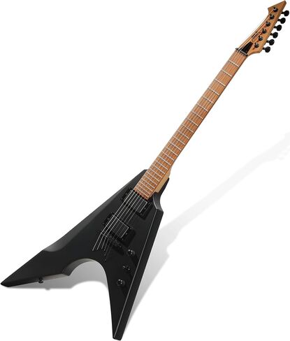 AKLOT Metal V Electric Guitar: HH Pickups, Roasted Maple Neck, Okoume Body, String-Through-Body, Stainless Steel Rounded Ball-End Frets,Beginner Electric Guitar Kit for Adult,Gig Bag,Lesson Book,Black in Kuwait