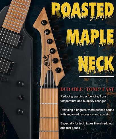 AKLOT Metal V Electric Guitar: HH Pickups, Roasted Maple Neck, Okoume Body, String-Through-Body, Stainless Steel Rounded Ball-End Frets,Beginner Electric Guitar Kit for Adult,Gig Bag,Lesson Book,Black in Kuwait