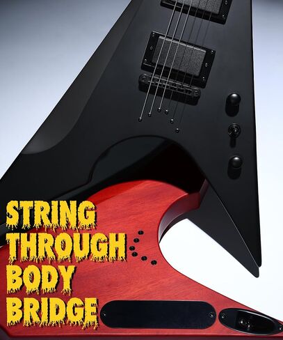 AKLOT Metal V Electric Guitar: HH Pickups, Roasted Maple Neck, Okoume Body, String-Through-Body, Stainless Steel Rounded Ball-End Frets,Beginner Electric Guitar Kit for Adult,Gig Bag,Lesson Book,Black in Kuwait