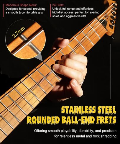 AKLOT Metal V Electric Guitar: HH Pickups, Roasted Maple Neck, Okoume Body, String-Through-Body, Stainless Steel Rounded Ball-End Frets,Beginner Electric Guitar Kit for Adult,Gig Bag,Lesson Book,Black in Kuwait
