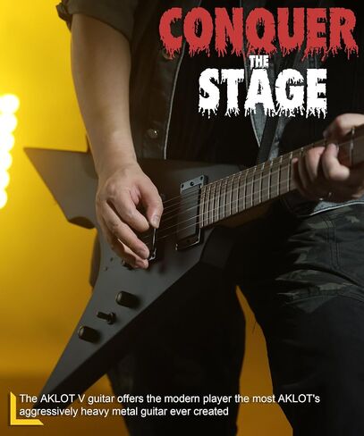 AKLOT Metal V Electric Guitar: HH Pickups, Roasted Maple Neck, Okoume Body, String-Through-Body, Stainless Steel Rounded Ball-End Frets,Beginner Electric Guitar Kit for Adult,Gig Bag,Lesson Book,Black in Kuwait