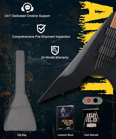 AKLOT Metal V Electric Guitar: HH Pickups, Roasted Maple Neck, Okoume Body, String-Through-Body, Stainless Steel Rounded Ball-End Frets,Beginner Electric Guitar Kit for Adult,Gig Bag,Lesson Book,Black in Kuwait