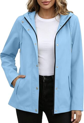 Rain Jacket for Women Waterproof Lightweight Hooded Raincoat Hiking Travel Zip Up Button Windbreaker with Pocket in Kuwait