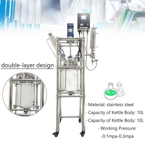 TECHTONGDA Double-Layer Reactor 10L Stainless Steel Jacketed Reactor, 110V Laboratory Reaction Vessel with Observation Window and Discharge Valve, Speed 0-600 RPM Working Temperature -80℃~200℃ in Kuwait
