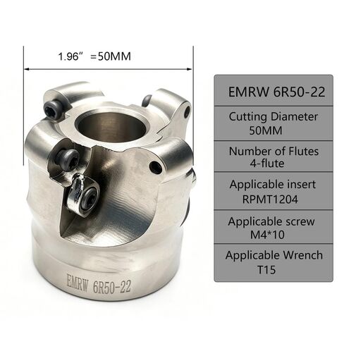 طقم حامل مطحنة الوجه - R8-FMB22-7/16 Arbor + EMRW 6R 50-22 (1.96 بوصة) + 10 قطع RPMT1204 - لتصنيع الطائرات من الفولاذ والفولاذ المقاوم للصدأ والمواد الأخرى والتخشين in Kuwait