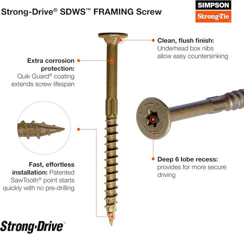 Simpson Strong-Tie SDWS16400Q Strong-Drive SDWS Framing Screws, 0.160 Inch x 4 Inch, Quik-Guard, Low Profile Head, Sawtooth Point, Tan (Pack of 750) in Kuwait