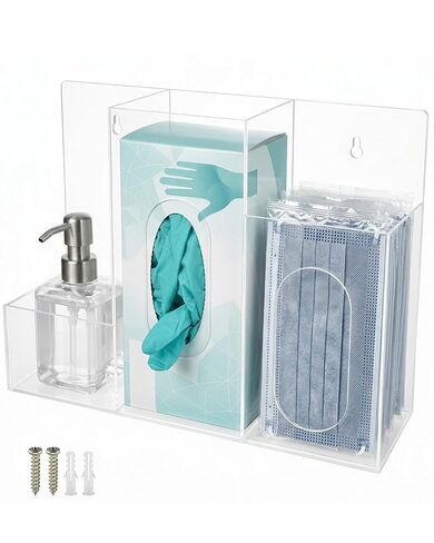 Acrylic Hygiene Station, 3 Compartment Clear Hygiene Supply Dispenser, Wall-Mountable or Countertop PPE Station for Face Masks Gloves Hand Sanitizer Tissues for Office Clinic Restaurant School in Kuwait