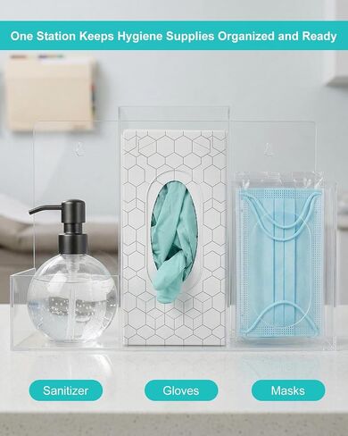Acrylic Hygiene Station, 3 Compartment Clear Hygiene Supply Dispenser, Wall-Mountable or Countertop PPE Station for Face Masks Gloves Hand Sanitizer Tissues for Office Clinic Restaurant School in Kuwait