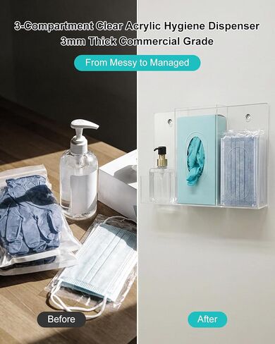 Acrylic Hygiene Station, 3 Compartment Clear Hygiene Supply Dispenser, Wall-Mountable or Countertop PPE Station for Face Masks Gloves Hand Sanitizer Tissues for Office Clinic Restaurant School in Kuwait