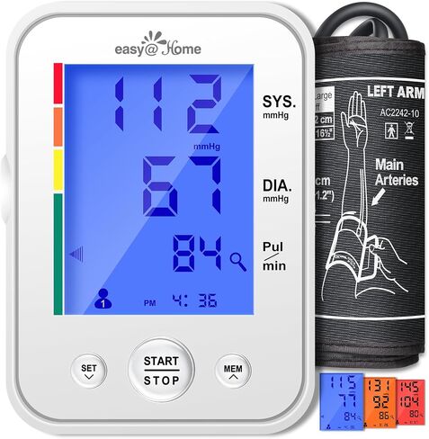 Blood Pressure Monitor for Home Use: Easy@Home Upper Arm Large Cuff BP Machine - Automatic Tensiometer with 3-Color Backlit Hypertension Display and 2 Users, Supports Free MyHeartPal App Scan, EBP-095 in Kuwait