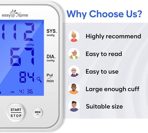 Blood Pressure Monitor for Home Use: Easy@Home Upper Arm Large Cuff BP Machine - Automatic Tensiometer with 3-Color Backlit Hypertension Display and 2 Users, Supports Free MyHeartPal App Scan, EBP-095 in Kuwait