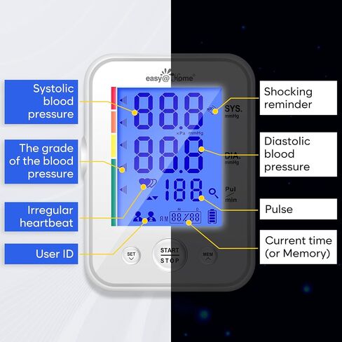 Blood Pressure Monitor for Home Use: Easy@Home Upper Arm Large Cuff BP Machine - Automatic Tensiometer with 3-Color Backlit Hypertension Display and 2 Users, Supports Free MyHeartPal App Scan, EBP-095 in Kuwait