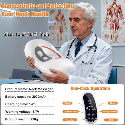 3-in 1 Heated Neck Stretcher with Airbag Traction & Vibration, Rechargeable Wireless Cervical Traction Device for Neck Pain Relief and Shoulder Relaxer, Neck Massager Pillow for Home/Office- White in Kuwait
