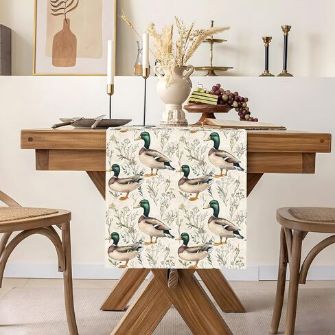 Mallard Duck Table Runner Vintage Duck Hunting Birthday Baby Shower Party Decoration One Lucky Duck Home Kitchen Dining Room Table Decor (13" x 72") in Kuwait