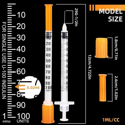 50 Pack U-100 Syringes 29G 1ml/cc 1/2" (12.7mm), Disposable Syringe for Scientific Lab, Individually Wrapped in Kuwait