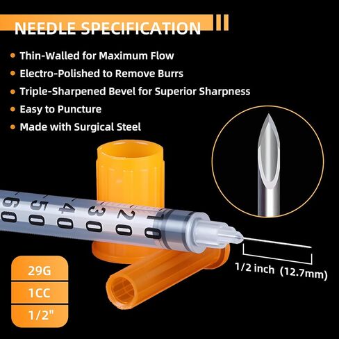 50 Pack U-100 Syringes 29G 1ml/cc 1/2" (12.7mm), Disposable Syringe for Scientific Lab, Individually Wrapped in Kuwait