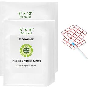 MEGAWISE Vacuum Sealer Bag Set with Labels & Marker, 100 Bags (50pcs 8×12in + 50pcs 6×10in), BPA-Free Food Storage Bags for All Vacuum Sealers, Ideal for Meal Prep, Freezer Storage & Sous Vide in Saudi Arabia