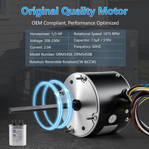 ORM5458، ORM5458B محرك مروحة كوندرسر، 1/3 حصان، 1075 دورة في الدقيقة، 208-230 فولت، 2 أمبير، إطار 48Y، محرك مروحة مكثف تيار متردد بمحمل كروي لـ A.O. سميث F48U23A01، جونستون سبلاي S89-728، إيمرسون 5458، GE 3458 in Kuwait