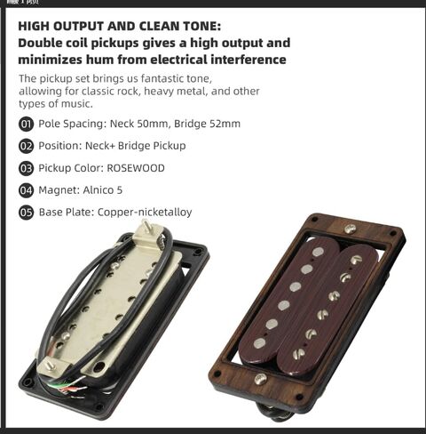 High Output Guitar Humbucker Pickup Set Double Coil Alnico 5 Pickup Electric Guitar Parts Replacement Neck and Bridge Set Rosewood with Larger Pole Pieces for Guitar 14.2K/17.1K, Black in Kuwait