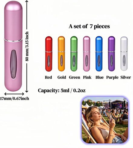 BUBBLE-FLY 7 عبوات رذاذ عطر قابلة لإعادة الملء، زجاجة رذاذ كولونيا صغيرة بحجم 5 مل مضادة للتسرب، حشوة مضخة سفلية لسهولة إعادة الملء، رذاذات ملونة محمولة للسفر وصالة الألعاب الرياضية، معتمدة من إدارة أمن المواصلات الأمريكية in Kuwait