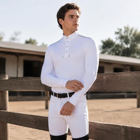 Equestrian Sport Shirt Stretch Long Sleeves Equestrian Shirt Button Placket Sports Clothing for Men, Navy, XL in Saudi Arabia