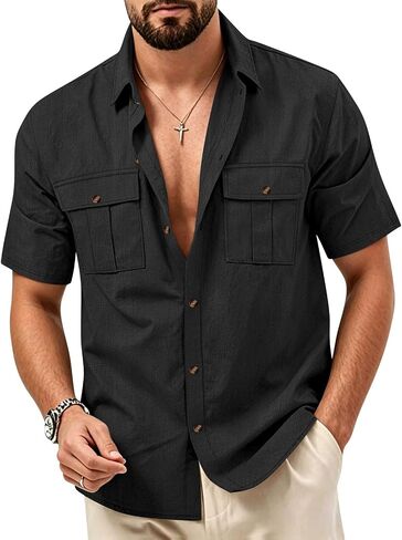 Men's Multi-Pocket Cargo Short Sleeve Button Down Shirt Breathable Cotton Linen Utility Shirt for Beach Vacation in Kuwait