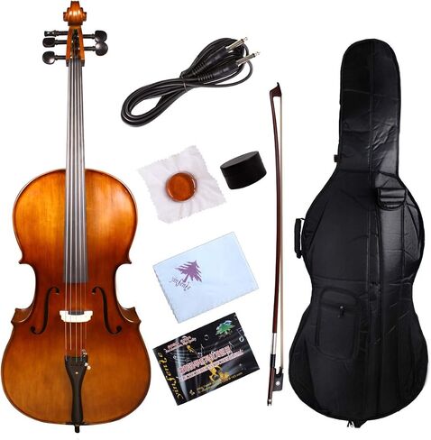 Yinfente Electric Cello 4/4 Full Size - Solid Wood Construction with Ebony Fittings, Includes Hard Case, Brizal Bow, Aux Cable & Cleaning Cloth for 4/4 Cello (black-1) in Kuwait