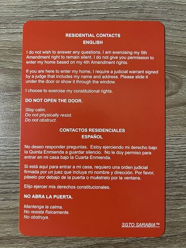 Know Your Rights Red Card – 4x6 Double-Sided (English/Spanish) | Residential & Public Encounters | Durable Wallet-Size Card (3) in Saudi Arabia