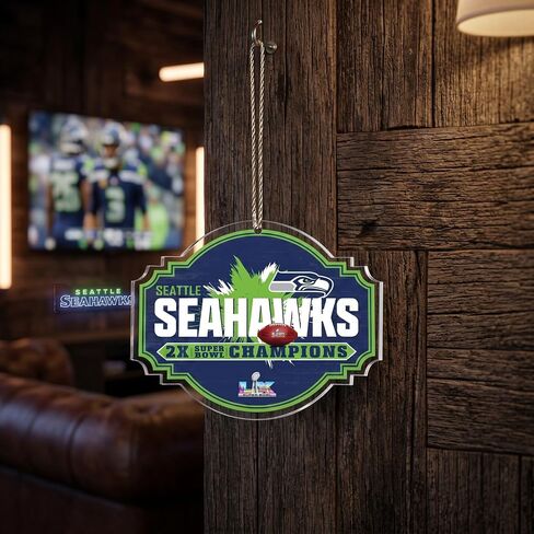زينة أكريليك للأبطال من Fan Creations Seattle Seahawks Super Bowl LX - زينة للعطلات الفائزة بلقب NFL 2X - هدية شعار الفريق التذكارية الرسمية لعام 2026 لكهف المعجبين وشجرة عيد الميلاد in Kuwait