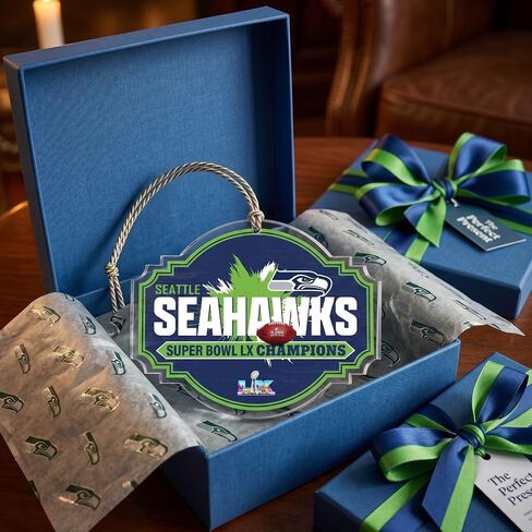 زينة أكريليك للأبطال من Fan Creations Seattle Seahawks Super Bowl LX - زينة للعطلات الفائزة بلقب NFL 2X - هدية شعار الفريق التذكارية الرسمية لعام 2026 لكهف المعجبين وشجرة عيد الميلاد in Kuwait