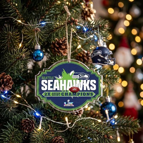 زينة أكريليك للأبطال من Fan Creations Seattle Seahawks Super Bowl LX - زينة للعطلات الفائزة بلقب NFL 2X - هدية شعار الفريق التذكارية الرسمية لعام 2026 لكهف المعجبين وشجرة عيد الميلاد in Kuwait