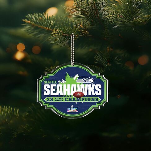 زينة أكريليك للأبطال من Fan Creations Seattle Seahawks Super Bowl LX - زينة للعطلات الفائزة بلقب NFL 2X - هدية شعار الفريق التذكارية الرسمية لعام 2026 لكهف المعجبين وشجرة عيد الميلاد in Kuwait