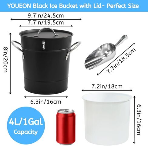 YOUEON 4L Ice Bucket with Scoop and Lid, Double Walled Insulated Wine Bucket Chiller with Carry Handles, Beverage Tub for Cocktail Party, Camping, BBQ, Indoor & Outdoor Use, Black in Kuwait
