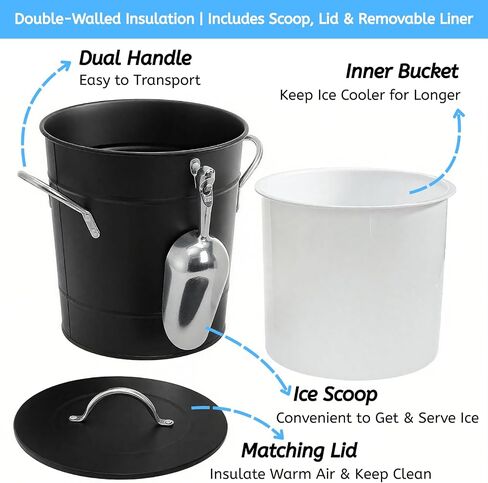 YOUEON 4L Ice Bucket with Scoop and Lid, Double Walled Insulated Wine Bucket Chiller with Carry Handles, Beverage Tub for Cocktail Party, Camping, BBQ, Indoor & Outdoor Use, Black in Kuwait