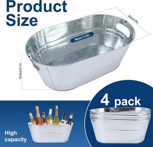 4 Pack 3 Gallon Galvanized Tub, Ice Buckets for Parties, Beverage Tubs for Parties, Metal Drink Buckets for Parties with Carry Handles, Champagne Wine Beer Cooling Tub, Mimosa Bar Supplies in Kuwait