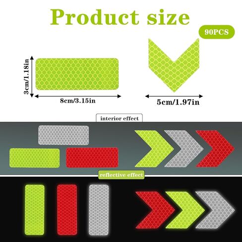 Reflective Tape, 90Pcs Safety Warning Reflective Stickers Waterproof Self-Adhesive Safety Stickers Stick-on Car Reflector Tape for Vehicle Car Helmet Motorcycles (Rectangle and Arrow) in Kuwait