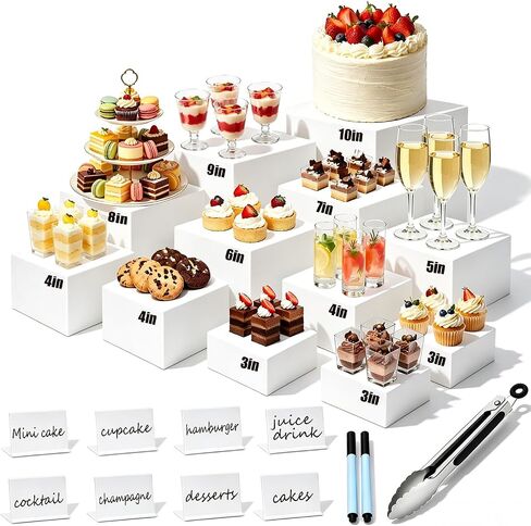 12Pcs Buffet Risers with Mini Sign and Maker Serving Tongs, White Acrylic Food Display Stand, for Buffet Table Party Catering Dessert Display Stands with Hollow Bottoms (10"9"8"7"6"5"4"3") in Kuwait