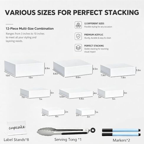12Pcs Buffet Risers with Mini Sign and Maker Serving Tongs, White Acrylic Food Display Stand, for Buffet Table Party Catering Dessert Display Stands with Hollow Bottoms (10"9"8"7"6"5"4"3") in Kuwait