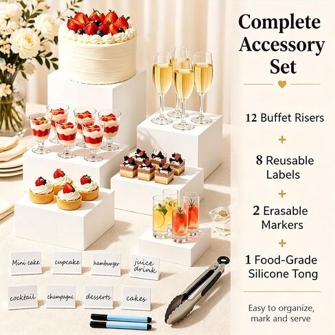12Pcs Buffet Risers with Mini Sign and Maker Serving Tongs, White Acrylic Food Display Stand, for Buffet Table Party Catering Dessert Display Stands with Hollow Bottoms (10"9"8"7"6"5"4"3") in Kuwait