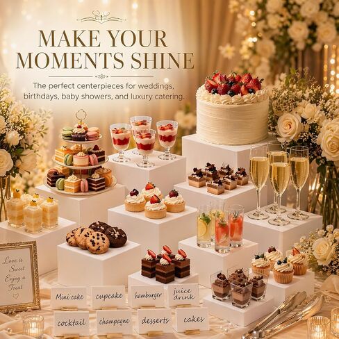 12Pcs Buffet Risers with Mini Sign and Maker Serving Tongs, White Acrylic Food Display Stand, for Buffet Table Party Catering Dessert Display Stands with Hollow Bottoms (10"9"8"7"6"5"4"3") in Kuwait