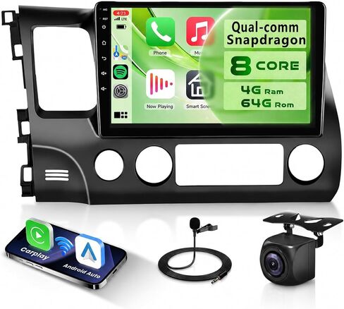 8core 8g+128g Car Radio for Honda Civic 2006-2011 ، Rimoody Android 15 Car Stereo Carplay و Android Auto 4G-Sim-Wifi GPS 10.1 '' Qled Capacitive Bluetooth 5.0 FM/AM/RDS DSP-36 كاميرا in Kuwait