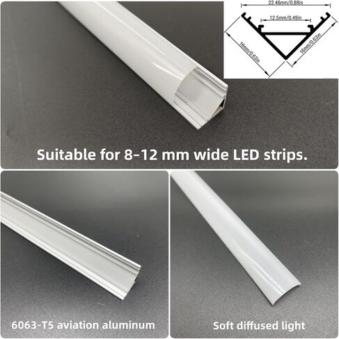 10 عبوات من مجموعة قنوات ألومنيوم LED بطول 1.64 قدم / 0.5 متر على شكل حرف V مع غطاء حليبي وأغطية نهاية ومشابك تثبيت، مناسبة لأضواء شريط LED بعرض 8‑12 مم in Kuwait