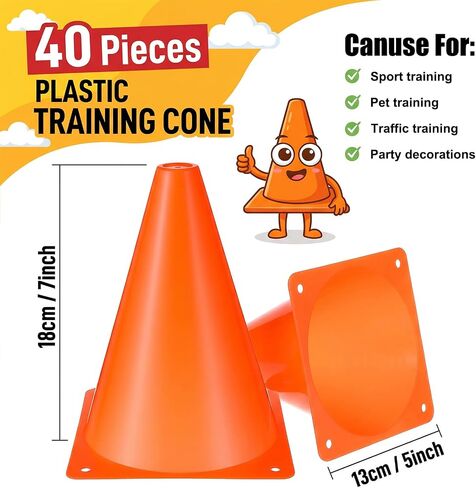 40 Pack 7 Inch Plastic Training Cones, Small Cones for Sports Football, Sports Agility Markers with Mesh Bag for Soccer, Basketball, Skating, Obstacle Course, Party, Indoor Outdoor in Kuwait
