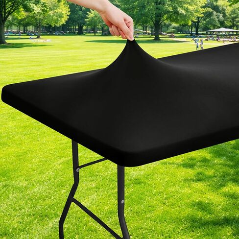 Moosfor Spandex 6 Foot Rectangle Table Cloth, Elastic Fitted Tablecloths for Picnic, Stretch Washable Patio Table Cover for Outdoor, Camping, Banquet and Parties (Black, 30"x72") in Kuwait
