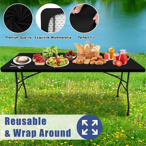 Moosfor Spandex 6 Foot Rectangle Table Cloth, Elastic Fitted Tablecloths for Picnic, Stretch Washable Patio Table Cover for Outdoor, Camping, Banquet and Parties (Black, 30"x72") in Kuwait